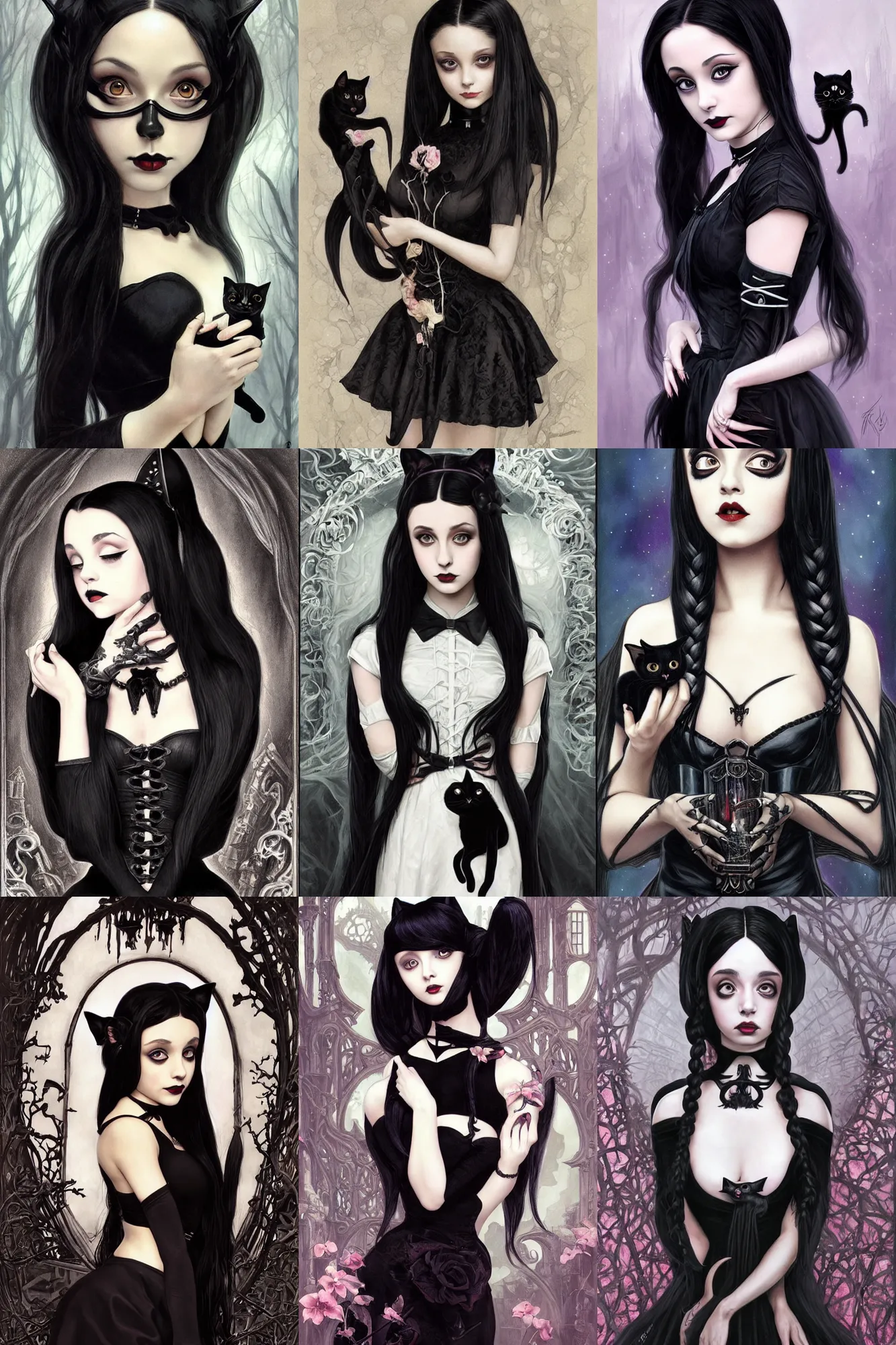 Prompt: beautiful gothic Ariana Grande as Wednesday Addams holding a Black Cat, Black Hair, goth, Tim Burton, intricate, elegant, highly detailed, digital painting, artstation, concept art, smooth, sharp, focus, illustration, art by artgerm and greg rutkowski and alphonse mucha