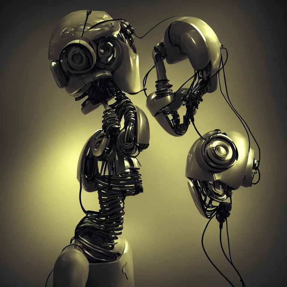 Image similar to robot with a headphone by ben templesmith, dynamic lighting, cinematic, epic composition, masterpiece