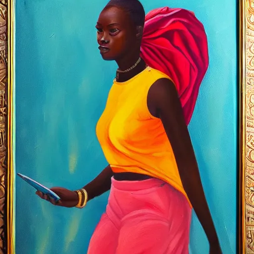 Prompt: portrait of a young beautiful african woman walking in lagos streets oil painting style