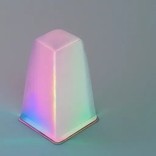 Image similar to pastel coloured fuji archival photography of a peculiar found 3 d object made of a unique matte, iridescent fabric material that bends light like a fresnel lens. the object is adorned with a machined silicon chip casing and an intricate detailing of quantum crystal circuits. the object has an inscription on the inner cuff and is placed in a white table.