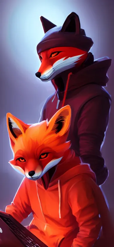 Image similar to a league of legends concept art of an anthropomorphic red fox in a black hoodie holding a portable computer, front view, hoodie with a hacker emblem, artstation, digital art, oc commission, style by jordan grimmer and greg rutkowski, 4 k resolution