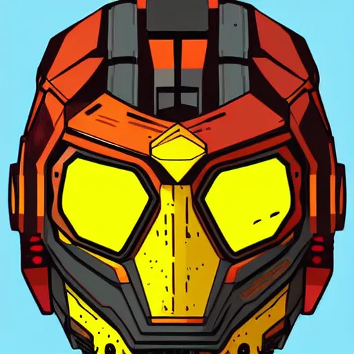 Image similar to helmet lion cyberpunk made of yellow lava and fire in borderlands 3 style, illustration, vector art, drawing, mecha, epic size, epic scale, macro art