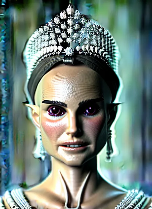 Image similar to 5 0 mm portrait of an absurdly beautiful, graceful, sophisticated, fashionable woman, natalie portman, popovy sisters, intricate jewellery, white porcelain skin, faberge, intricate chrome headdress, dark brooding atmosphere, unreal engine 5 highly rendered, global illumination, radiant light, detailed and intricate environment