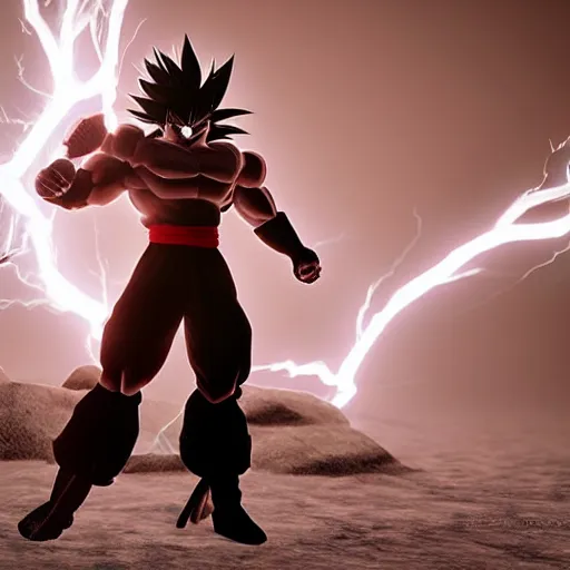 Prompt: full shot of angry darkness warrior style goku super saiyan at moonlight, snowing, lightning bolt, detailed, unreal engine 4k volumetric light, fog,