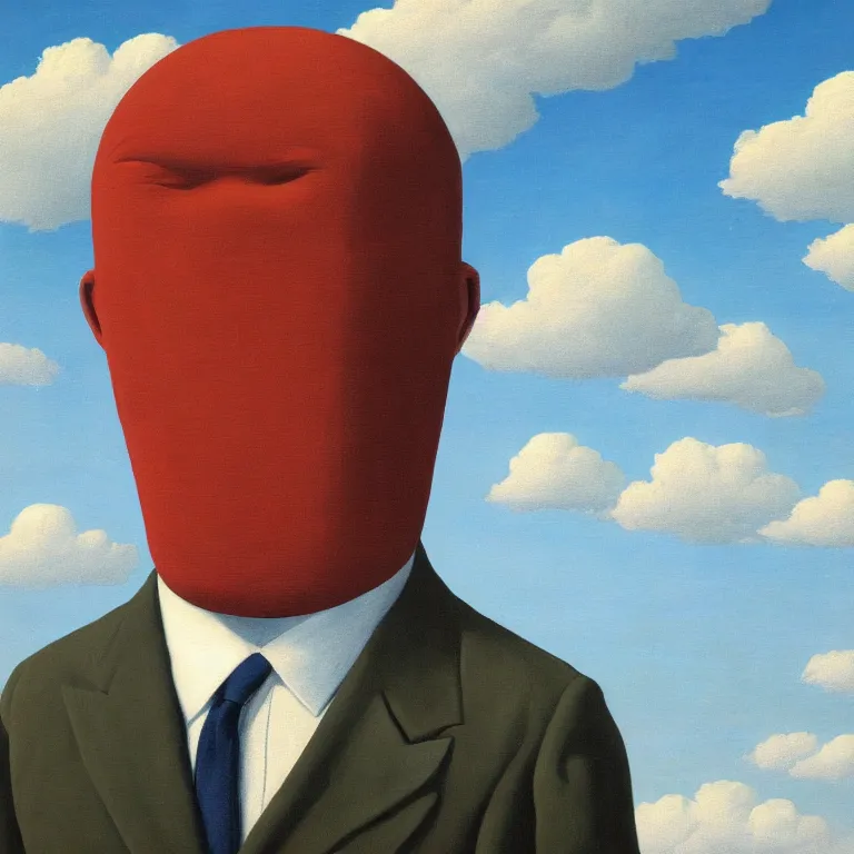 Prompt: portrait of a faceless sack - head man in a suit, clouds in the background, by rene magritte, detailed painting, distance, centered, hd, hq, high resolution, high detail, 4 k, 8 k