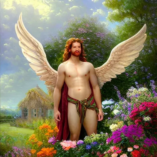 Prompt: a majestic male angel with large wings covered in plants and flowers standing in front of a beautiful cottage, an oil painting by ross tran and thomas kincade