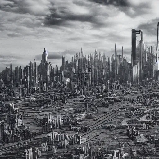 Prompt: the skyline of a dystopian city, highly detailed photography