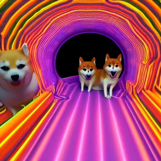 Image similar to two shiba inu in the psychedelic dmt fourth dimensional tunnel, octane 3 d render