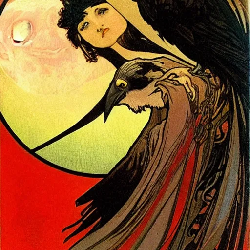 Image similar to a black raven in front of the red moon by alphonse mucha