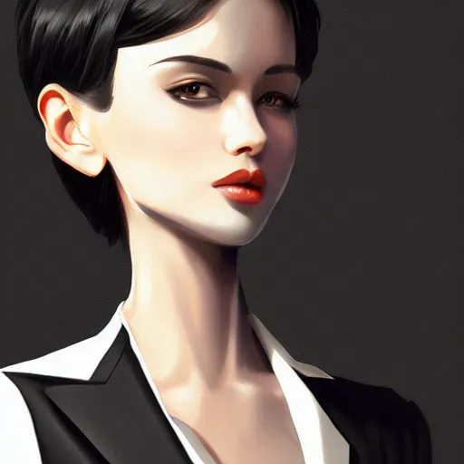 Image similar to slim girl in tuxedo with short black hair, elegant, 2d, ultra highly detailed, digital painting, smooth, sharp focus, artstation, art by Ilya Kuvshinov