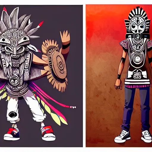 Image similar to sneaker design concept art, aztec mayan street fashion native punk sneaker design, majora's mask, wearing wooden mask, hip hop sneaker design with subtle mayan patterns, gapmoe yandere grimdark, trending on pixiv fanbox, painted by greg rutkowski makoto shinkai takashi takeuchi studio ghibli, akihiko yoshida