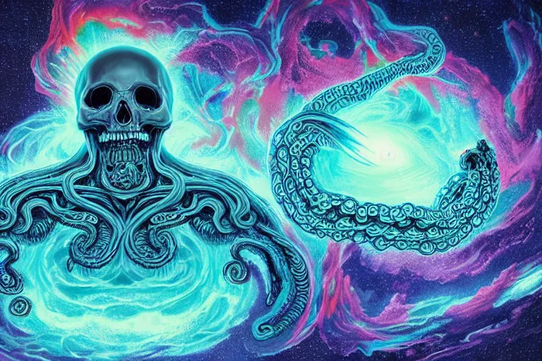 Prompt: a giant skull with intricate rune carvings and glowing eyes with lovecraftian tentacles emerging from a space nebula by dan mumford, smoke trails, digital art, photorealistic, vivid colors, highly detailed, intricate