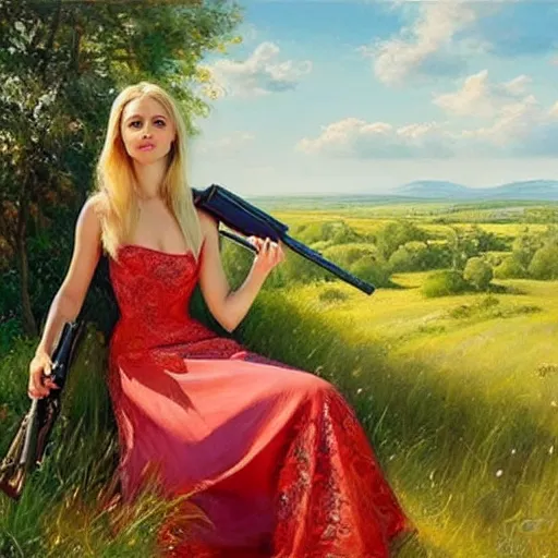 Prompt: mysterious blonde woman in hot dress in the swedish countryside, holding a shotgun, freedom, scenic, beautiful, masterpiece, highly detailed, painting by vladimir volegov