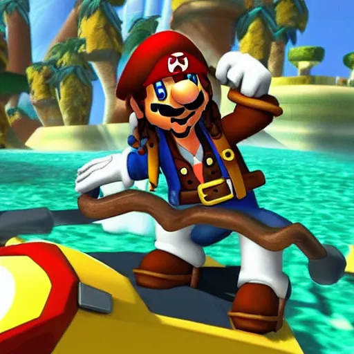 Prompt: gameplay footage of captain Jack sparrow in super Mario kart