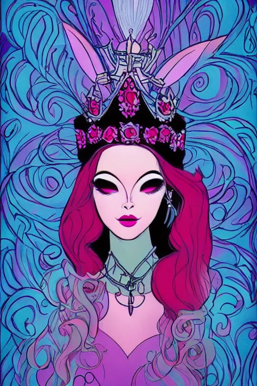Image similar to vivid colors, bio-luminescent beautiful mysterious 1960s fairy queen, wearing a crown, in deep black darkness, shining eyes, face by otto schmidt