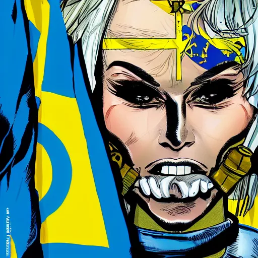 Image similar to tank girl comic, ultra detailed face, ukrainan flag