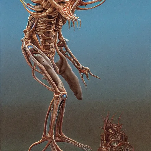 Prompt: painting of an alien spaceship made of flesh and exoskeleton, in the style of wayne barlowe