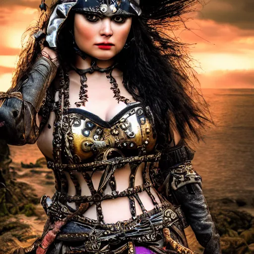 Image similar to photo of beautiful pirate queen with ornate armour, highly detailed, 4k, HDR, award-winning photo