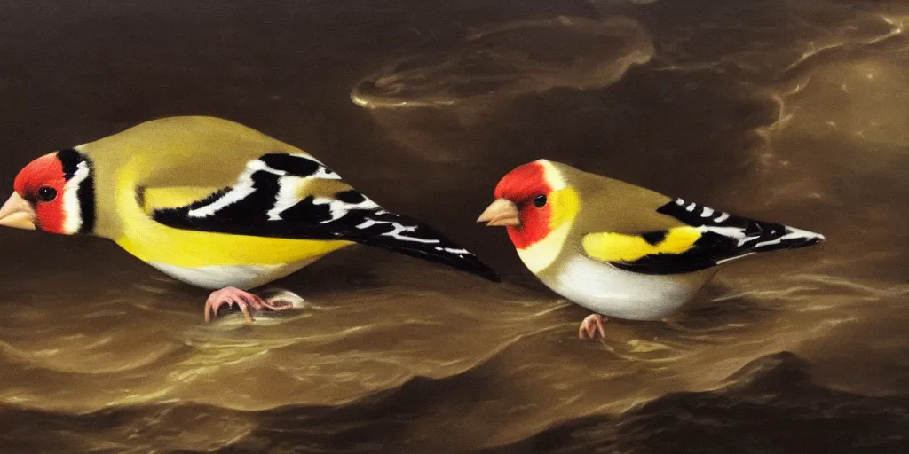 Prompt: painting of a goldfinch drowning in a river of nightmares, in the background you can see the universe. by theodore gericault, realistic oil painting, 4 k, studio lightning, award winning, very detailed shadows