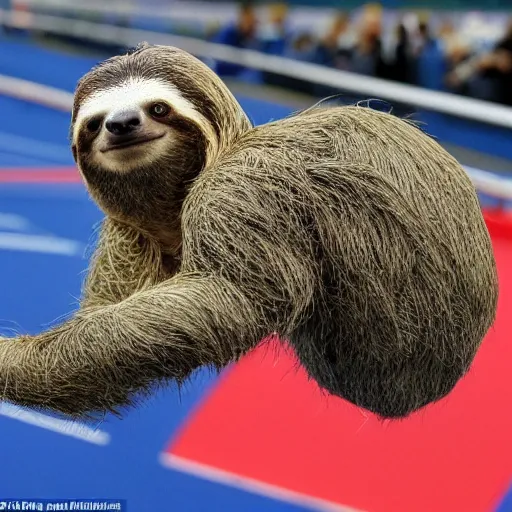 Prompt: a sloth, in a 1 0 0 m race against animals, at the tokyo olympics, with animals in the audience, in painting form