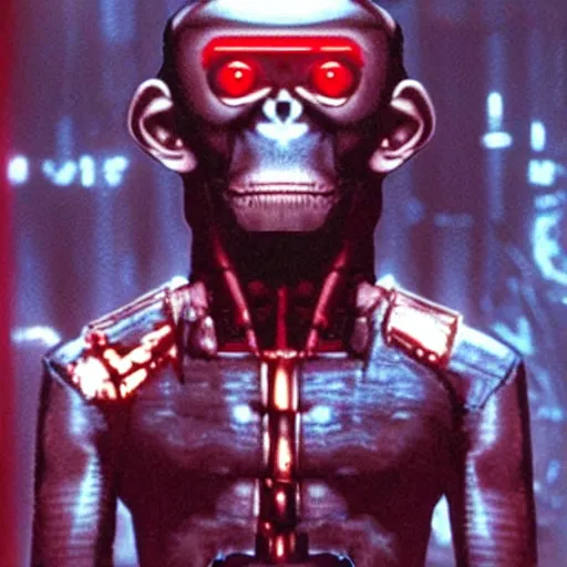 Prompt: A monkey as The Terminator (1984), glowing red eyes, in cyberpunk style