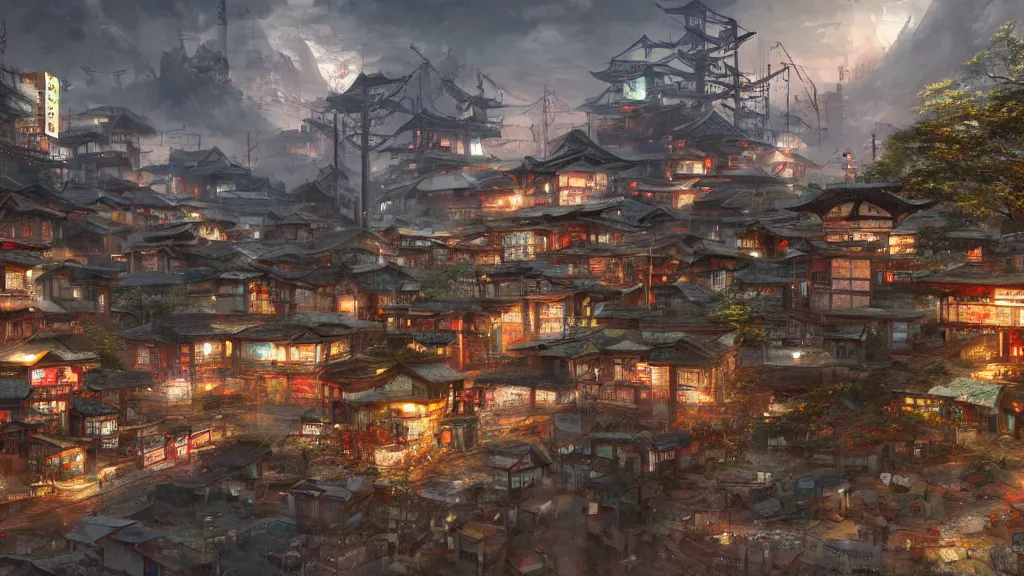 Prompt: small, oriental, japanese village with cyberpunk, techno - futuristic elements, concept art, fantasy, landscape, hyperrealistic, highly detailed, 4 k hd