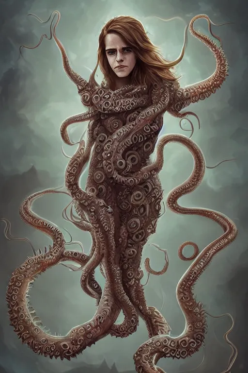 Image similar to Emma Watson evolving into lovecraftian monster, cute, fantasy, intricate, highly detailed, full-body design, tentacles, digital painting, artstation, concept art, smooth, sharp focus, illustration, art by AbyssWolf