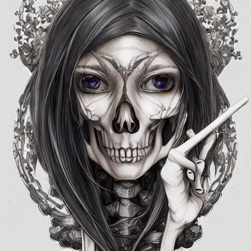 Image similar to anime manga skull profile young woman skeleton, elf, galadriel, hair, Tolkien, unreal engine, intricate, elegant, highly detailed, digital art, art by JC Leyendecker and sachin teng