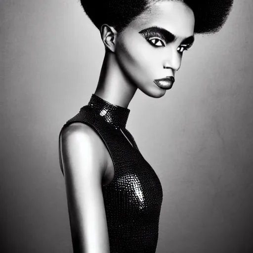 Image similar to close up of a black female fashion model with huge hair in year 3000 with edgy robotic black dress, photography , official versace editorial , highly detailed