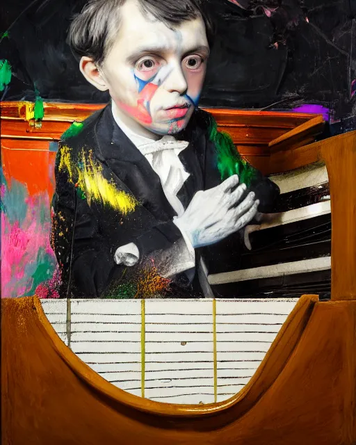 Prompt: 3 d portrait of a child piano player in tuxedo painted by vincent lefevre and hernan bas and pablo amaringo and pat steir and hilma af klint, psychological, photorealistic, dripping paint, washy brush, rendered in octane, altermodern, masterpiece