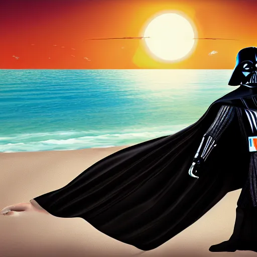 Prompt: shirtless darth vader sunbathing on the beach, digital painting, highly detailed, 4 k