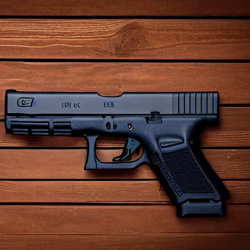 Image similar to a medium shot photograph of a glock 18 on a wooden background