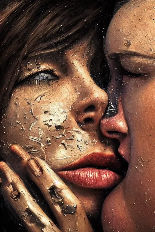 Prompt: hyperrealism oil painting, close-up portrait of cyborg eating female face, busted crushed face, sand dunes pattern mixed with night sky, in style of classicism