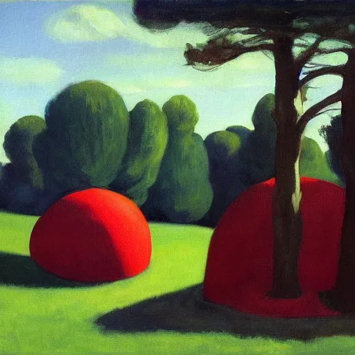 Image similar to Children bouncing high on a giant red mushroom in a mystical forest, painting by Edward Hopper