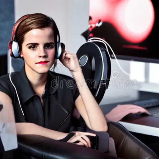 Image similar to emma watson wearing a gaming headset photo sitting on gaming chair stock photo