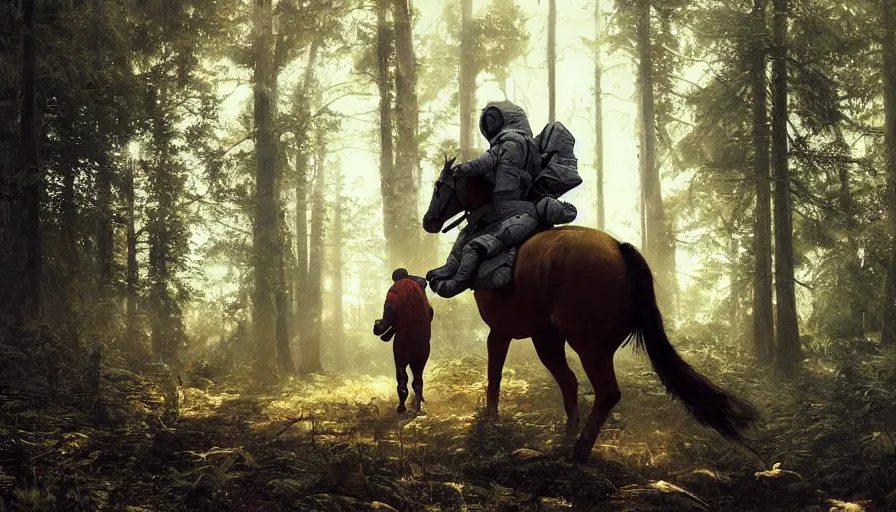 Image similar to american astronaut in the forest riding a horse, plants environment, wide angle, cinematic lighting, atmospheric, realistic, octane render, highly detailed, color graded, in the style of craig mullins