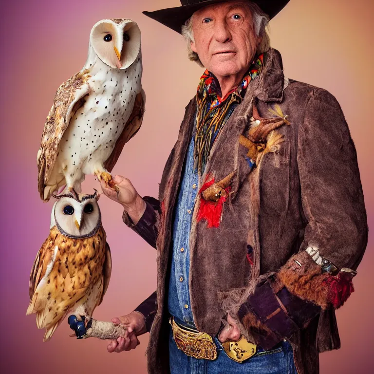 Image similar to high fashion photoshoot octane render portrait by wayne barlow and carlo crivelli and glenn fabry, a distinguished old cowboy wearing a colorful wes anderson designed cowboy costume and holding a barn owl inside a high - end exotic colorful pastel vintage boutique hotel lounge, very short depth of field, bokeh