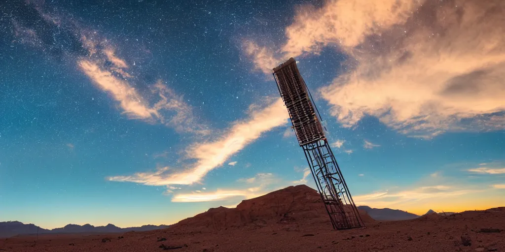 Prompt: professional photograph of a space elevator in the middle of the desert, sunset, mountains, clouds, stars in the background