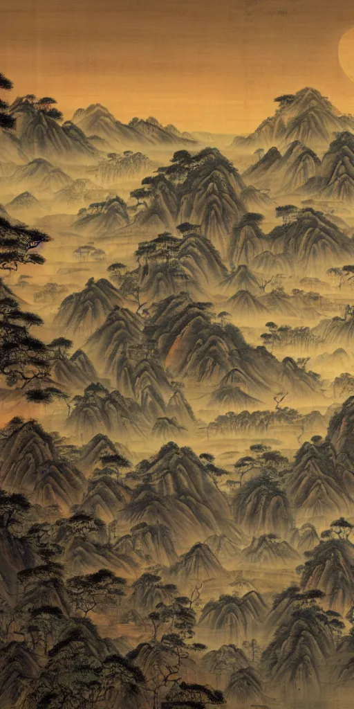 Image similar to the flaming sun up in the sky is scorching the dying trees and ruins in this ancient chinese landscape painting of hillsides detailed matte painting 8 k resolution