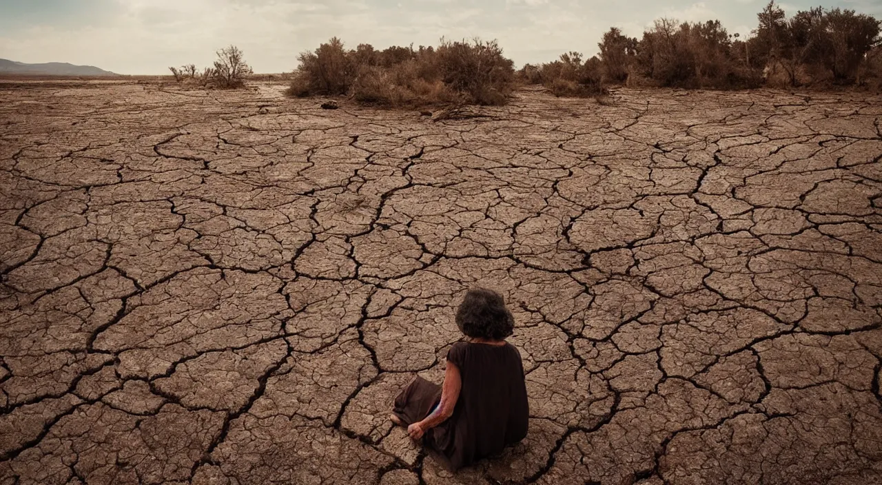 Prompt: 65-year-old giant Gaia Goddess shedding one emotionless tear as she sits on a dried up river in a desolate land, blue sky, hot and sunny, highly-detailed, elegant, dramatic lighting, artstation, 4k, cinematic landscape, photograph by Elizabeth Gadd