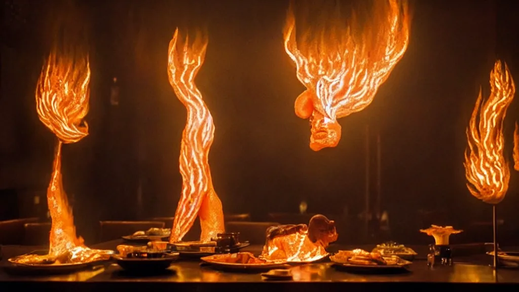 Image similar to the strange creature in a restaurant serves people, made of fire and water, film still from the movie directed by Denis Villeneuve with art direction by Salvador Dalí, wide lens