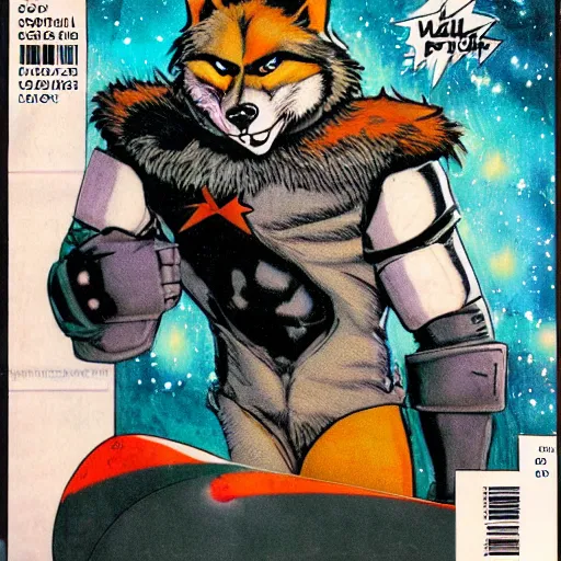 Image similar to 1 9 8 0 s comic book cover scan featuring a portrait of villain male wolf o'donnell anthropomorphic wolf furry fursona from starfox wearing a dark space mercenary uniform, dark grey wolf, handsome eyes, wolf o'donnell