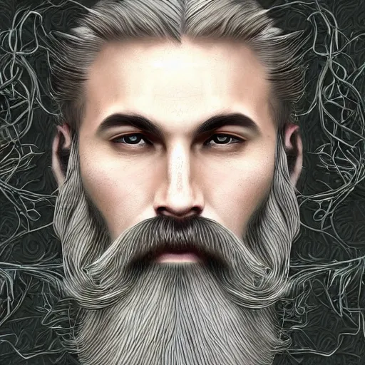 Prompt: bearded male druid gray skin pointy ears with vines as hair detailed fantasy digital art