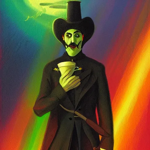 Image similar to ” aerial view of count dracula with a pot of blood at the end of a rainbow in ireland, vivid, high detail, concept art by balaskas christopher ”