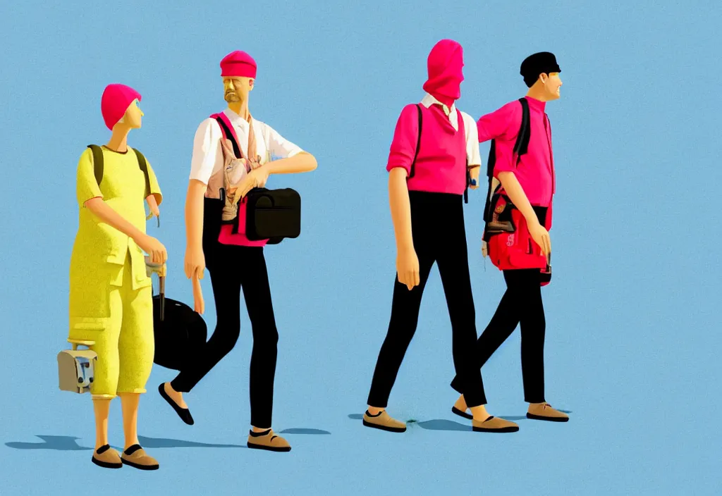 Image similar to full body portrait of a duo of european tourists travel apparel, various poses walking and carrying luggage, character designs painting, in the style of wes anderson, rene magritte, lola dupre, david hockney, isolated on white background, dark monochrome neon spraypaint accents octane render with geometry