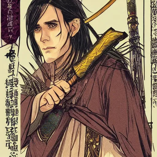 Prompt: attractive 22 year old Jared Leto golden Vagabond magic swordsman glides through a beautiful battlefield magic the gathering dramatic esoteric!!!!!! pen and ink!!!!! illustrated in high detail!!!!!!!! by Hiroya Oku!!!!! Written by Wes Anderson graphic novel published on shonen jump 2002 award winning!!!!