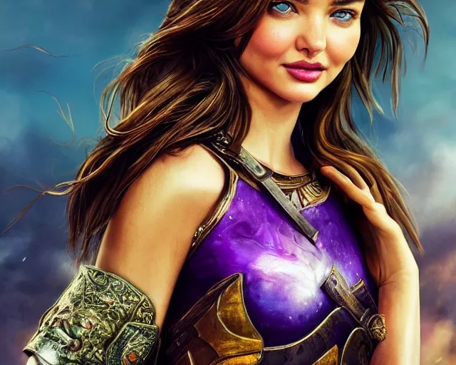 Image similar to cute Miranda Kerr in epic heroic pose with weapon, cinematic, 4k, hyper realistic, super detailed, colorful accents, purple hair, golden ratio, symmetrical face, highly detailed professional photo, centered, vray caustics, hyper realistic by Sandra Chevrier