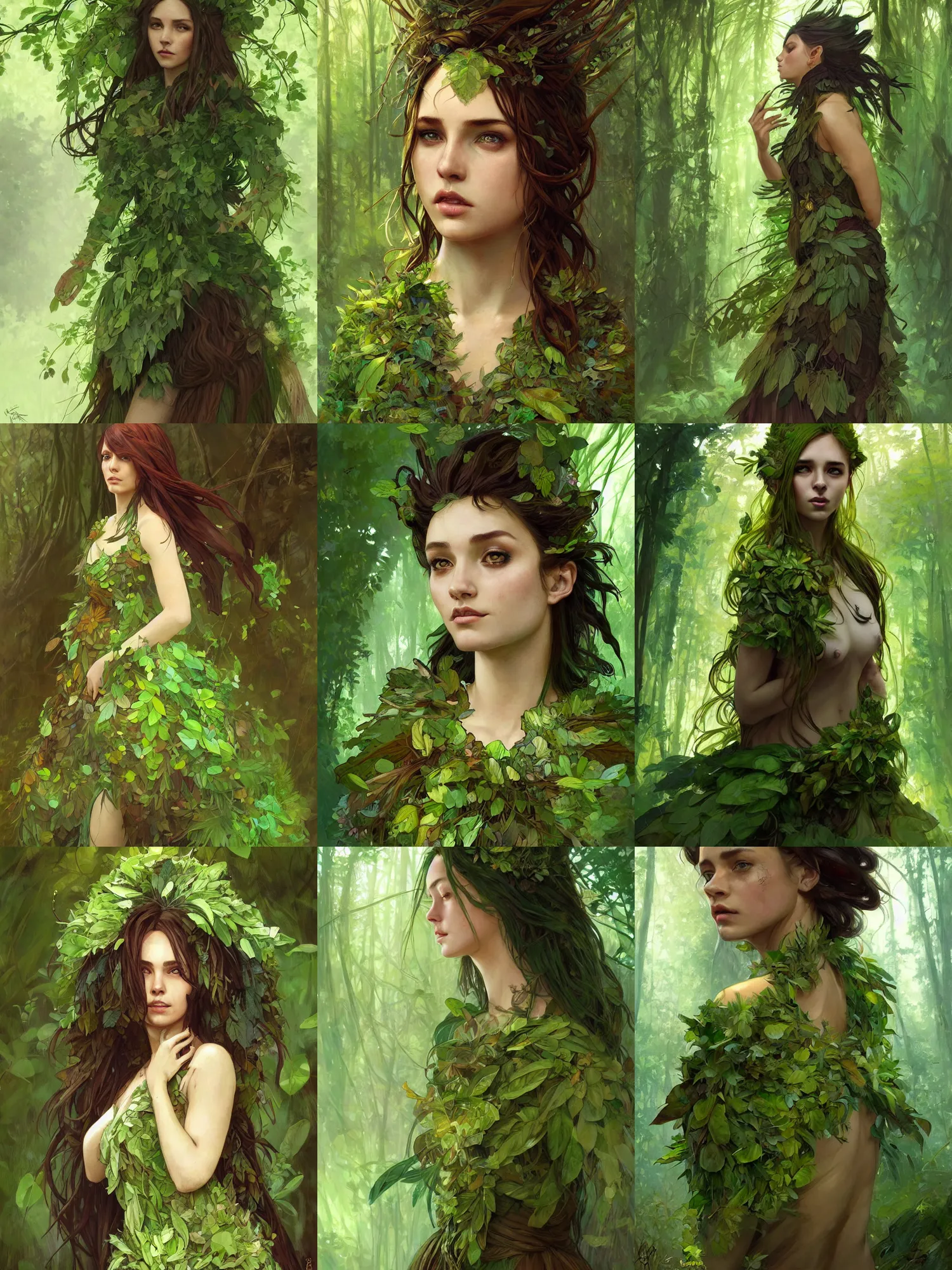 Prompt: portrait of a forest mage, female, dress made of green leaves, alluring, green hair, brown skin, curves, forest background, digital painting, artgerm and greg rutkowski and alphonse mucha