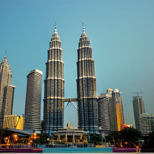 Image similar to the petronas towers replaced in the kuala lumpur skyline with elac debut floor standing speakers, ultra realistic, kodachrome 6 4, golden hour image