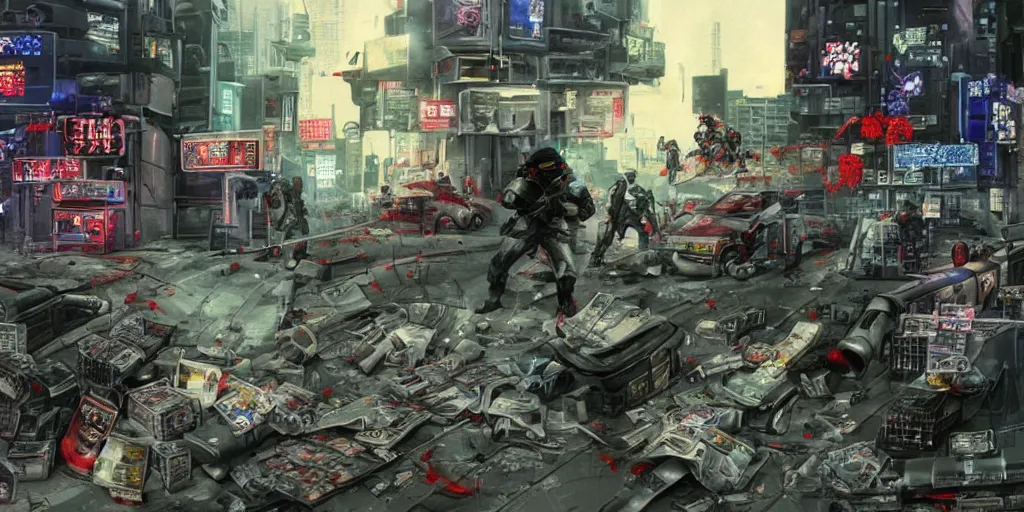 Image similar to 1992 Video Game Concept Art, Anime Neo-tokyo Cyborg bank robbers vs police, Set in Cyberpunk Bank Vault, bags of money, Multiplayer set-piece :9, Police officers hit by bullets, Police Calling for back up, Bullet Holes and Blood Splatter, :6 ,Hostages, Smoke Grenades, Riot Shields, Large Caliber Sniper Fire, Chaos, Cyberpunk, Money, Anime Bullet VFX, Machine Gun Fire, Violent Gun Action, Shootout, Escape From Tarkov, Payday 2, Highly Detailed, 8k :7 by Katsuhiro Otomo + Studio Gainax + Sanaril : 8